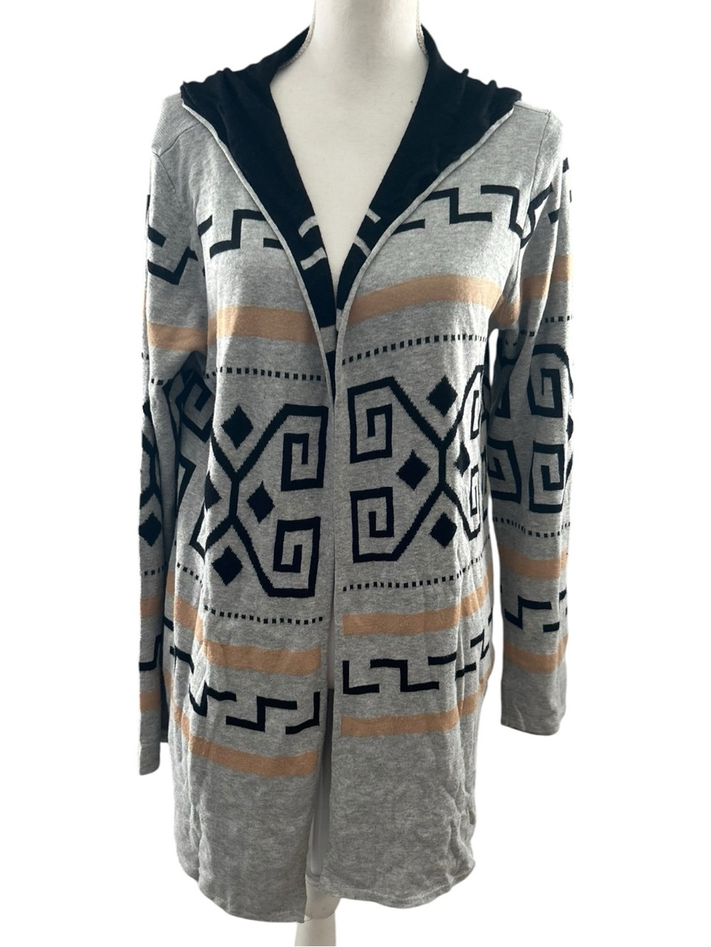 Light Grey Geometric Hooded Open-Front Cardigan Sweater
